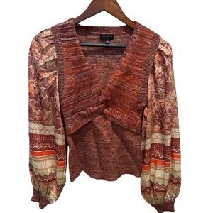 Current Air Rust Space Dye Mixed Media Balloon Sleeve Knit Top Small